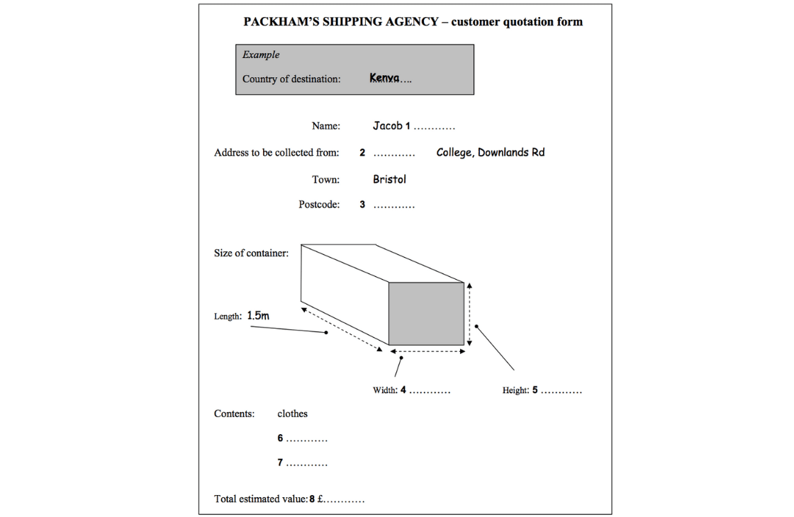 An example of an IELTS Form completion question for IELTS reading