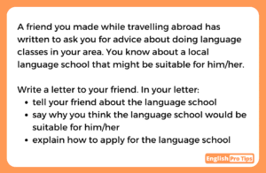 IELTS General Training letter writing task prompt asking students to write a letter advising a friend about a local language school