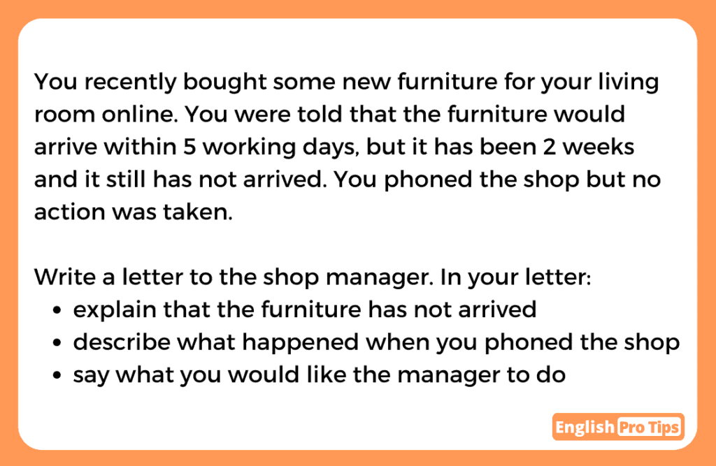 IELTS General Training letter writing task prompt asking students to write a formal complaint letter to a shop manager about undelivered online furniture