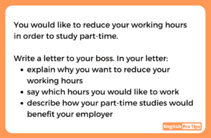 IELTS General Training Writing Task 1 model answer – formal letter requesting reduced working hours to study part-time, with examiner commentary on Task Achievement, Coherence, Lexical Resource, and Grammar