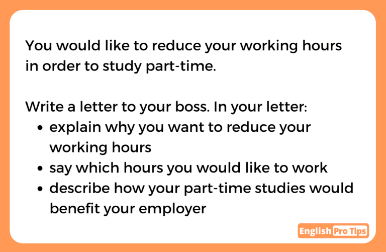 IELTS General Training Writing Task 1 model answer – formal letter requesting reduced working hours to study part-time, with examiner commentary on Task Achievement, Coherence, Lexical Resource, and Grammar